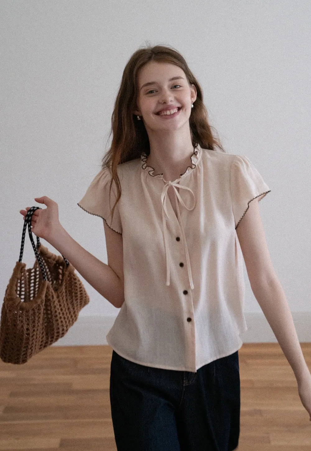 Women Ruffle Tie Neck Flutter Sleeve Button Down Blouse