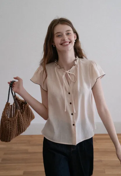 Women Ruffle Tie Neck Flutter Sleeve Button Down Blouse