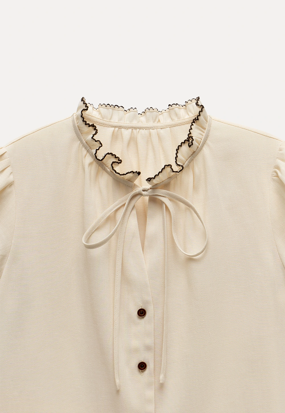Women Ruffle Tie Neck Flutter Sleeve Button Down Blouse