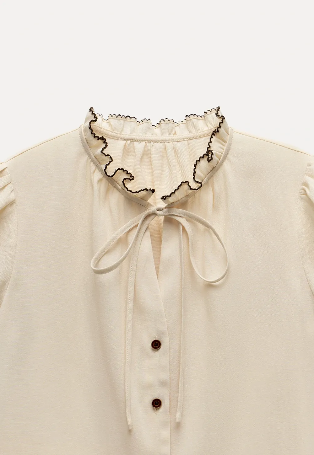 Women Ruffle Tie Neck Flutter Sleeve Button Down Blouse