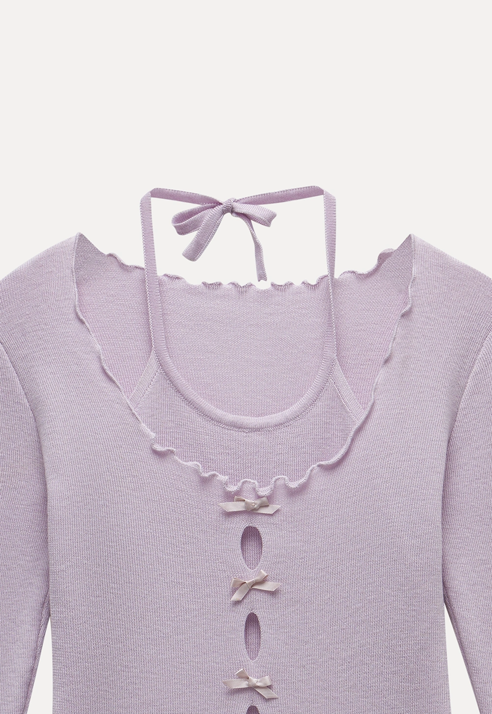 Women Long Sleeve Bow Front Split Hem Lettuce Trim Knit Top