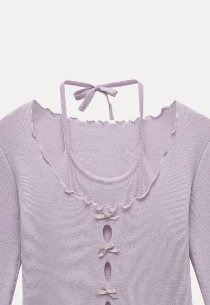 Women Long Sleeve Bow Front Split Hem Lettuce Trim Knit Top