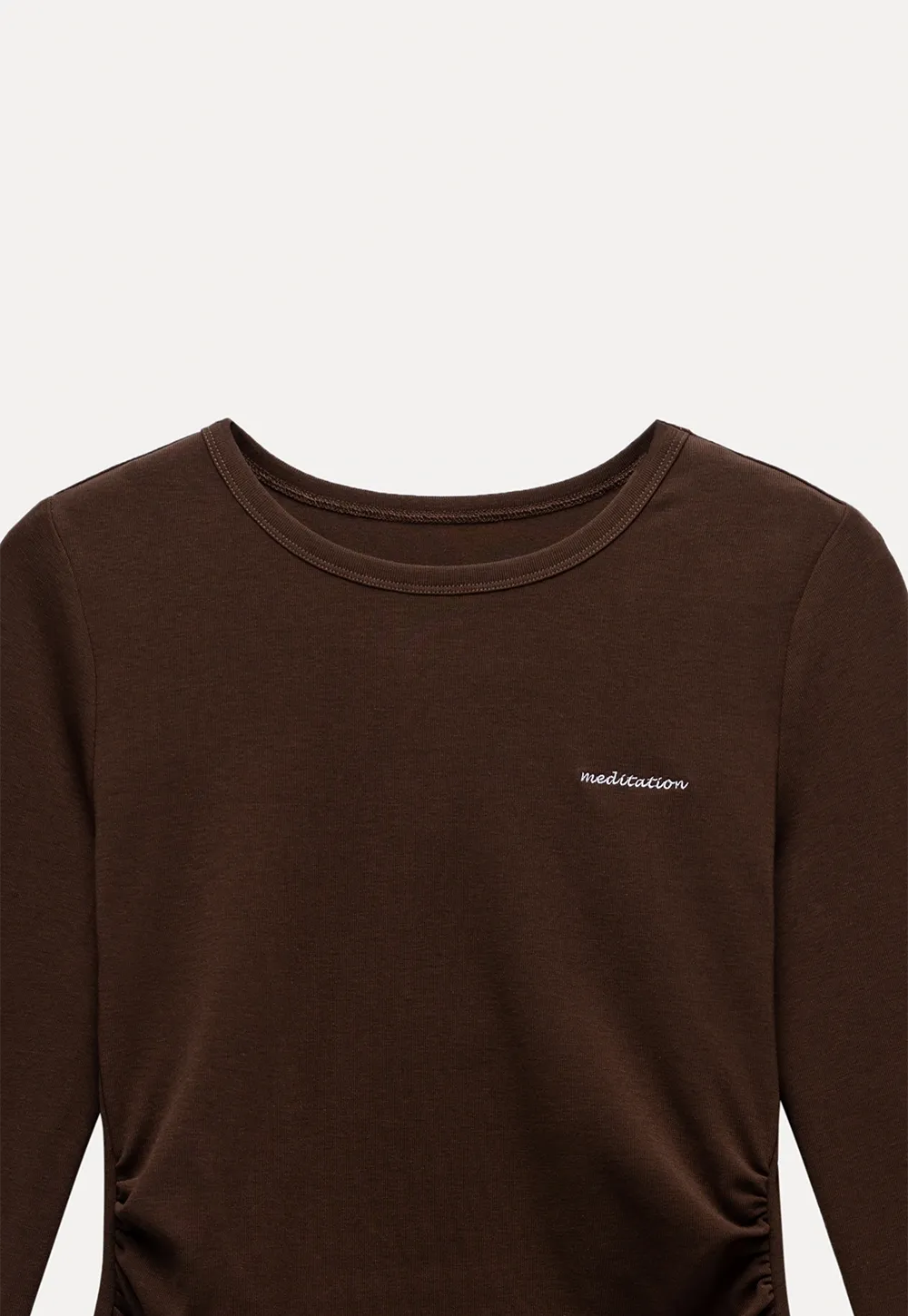 Women Crew Neck Ruched Side Lace Trim Long Sleeve Tee