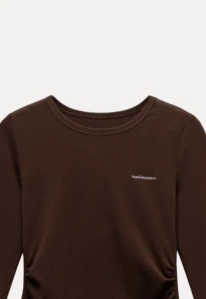 Women Crew Neck Ruched Side Lace Trim Long Sleeve Tee