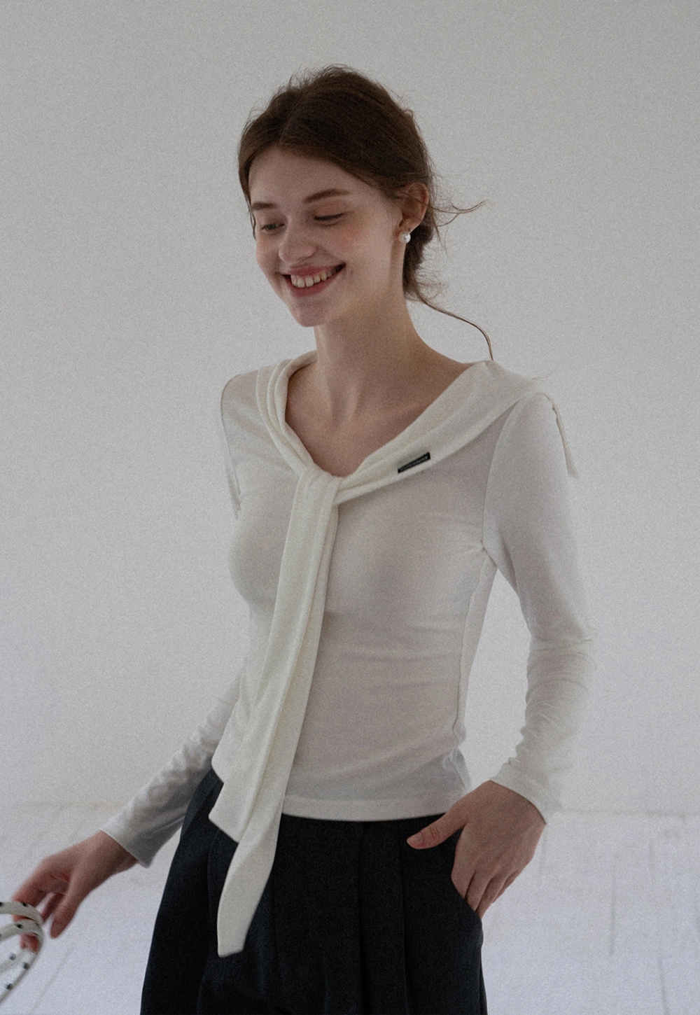 Off-shoulder Tie-detail Long Sleeve Knit Top