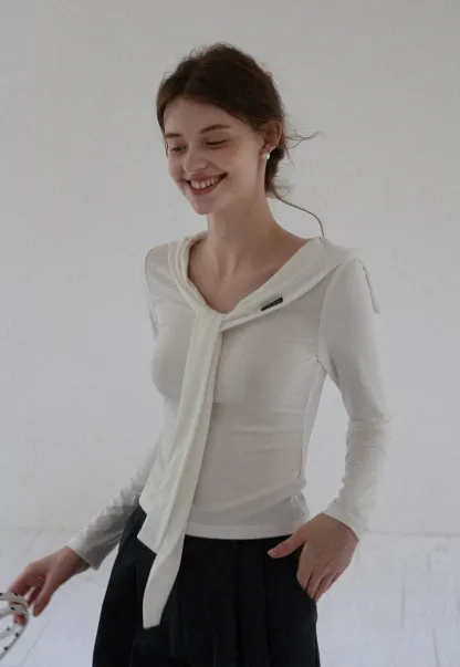 Off-shoulder Tie-detail Long Sleeve Knit Top