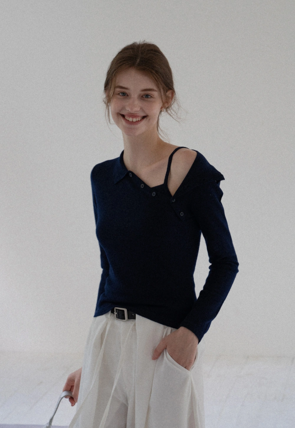 Asymmetric Collar Button Knit Top