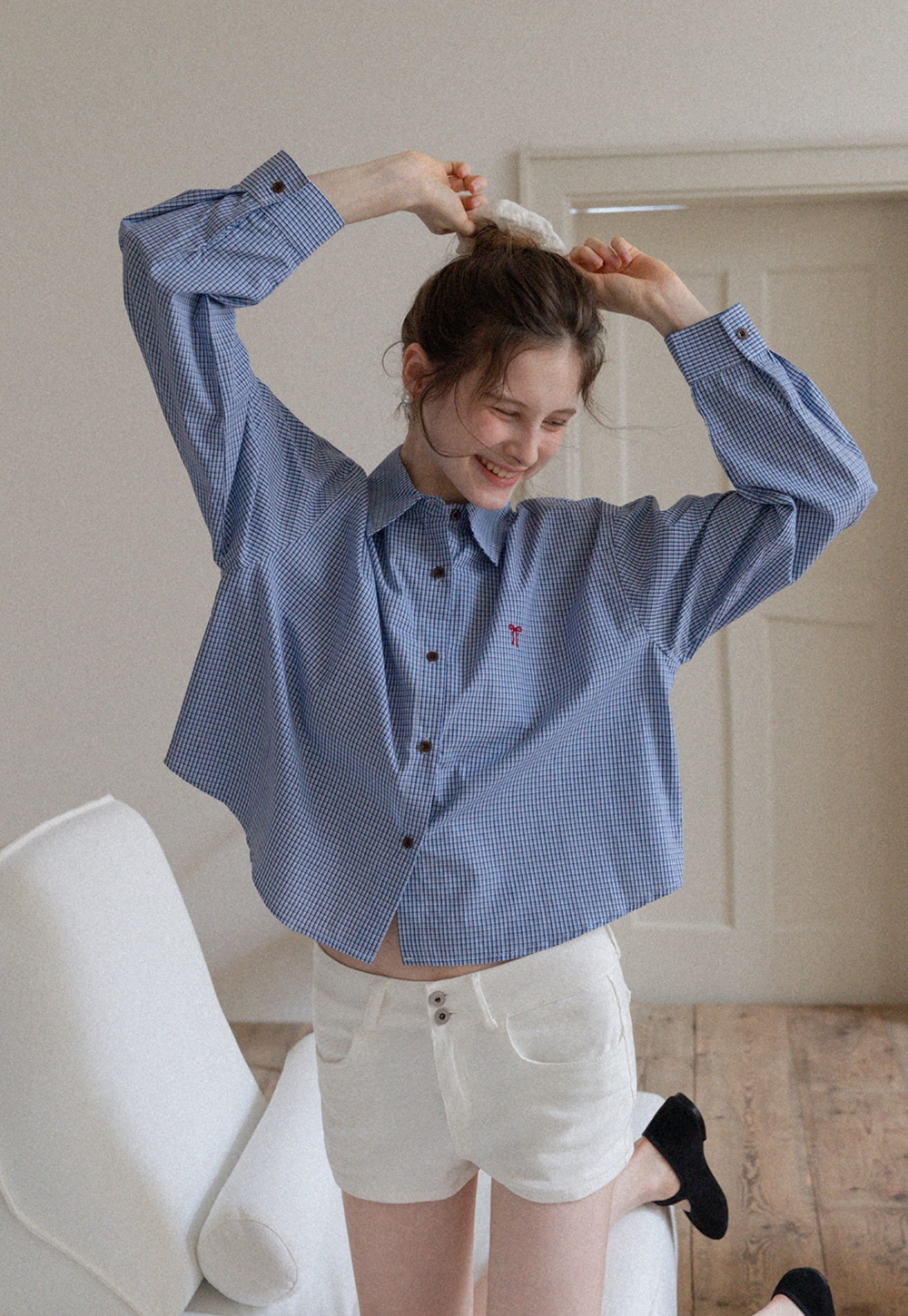 Gingham Bow Embroidered Long Sleeve Shirt