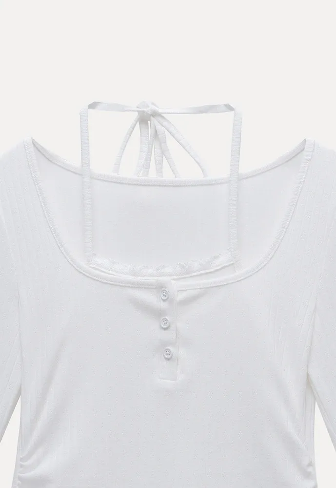 Long Sleeve Square Neck Halter Crop Top