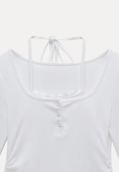 Long Sleeve Square Neck Halter Crop Top