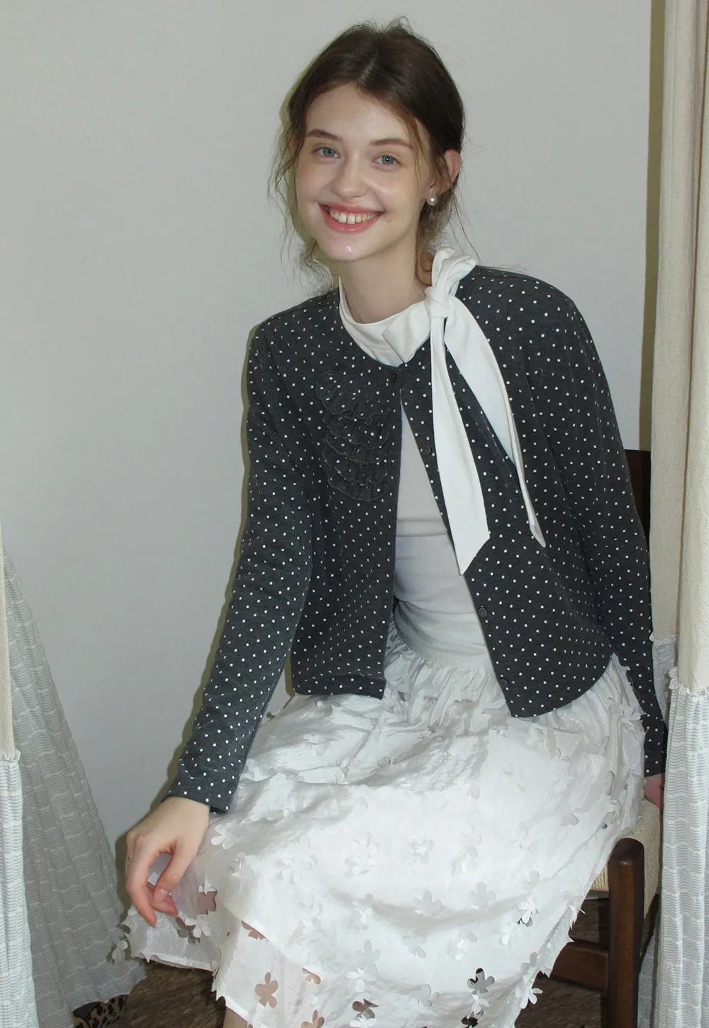 Polka Dot Ruffle Button-Up Cardigan