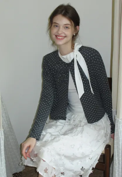 Polka Dot Ruffle Button-Up Cardigan