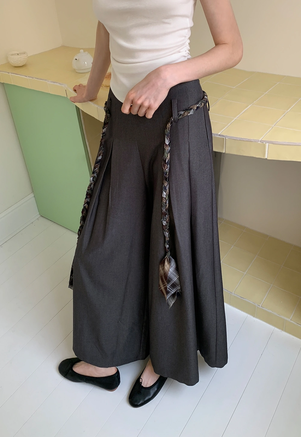 Women's Wide Leg Pleated Pants with Braided Ties