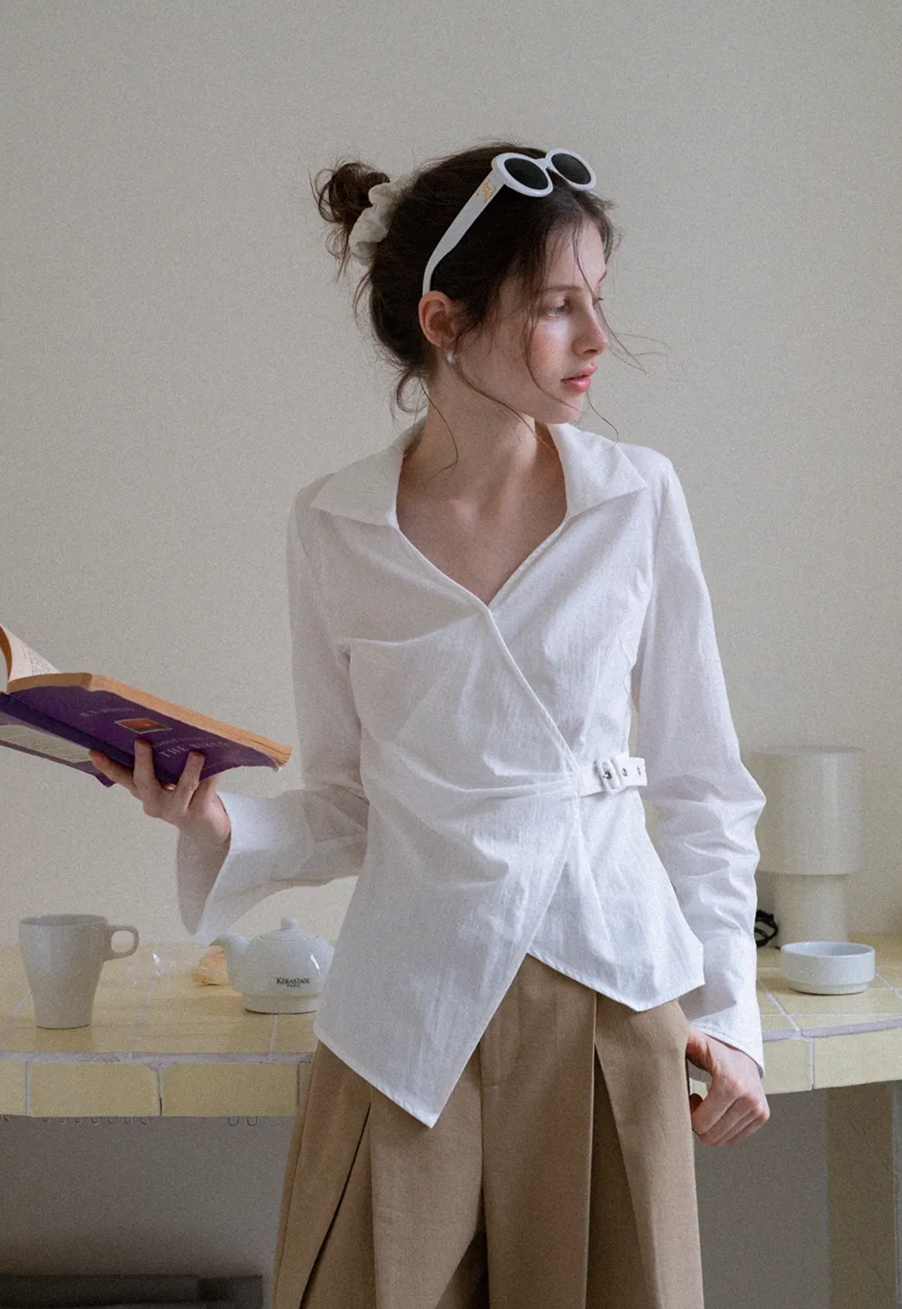 Women's Striped Wrap Shirt with Side Buckle