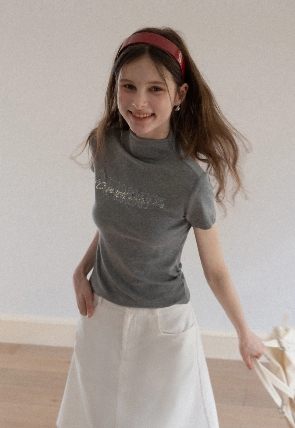 Women's Mock Neck Rhinestone Letter Slim Fit T-Shirt