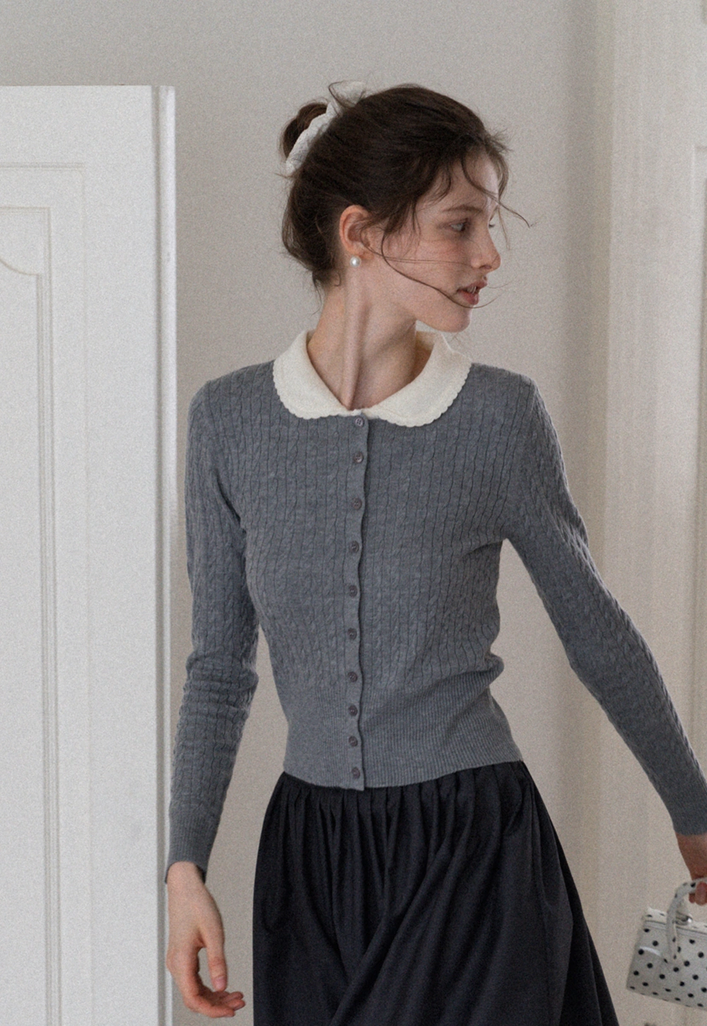 Women's Contrast-Collar Cable-Knit Cardigan