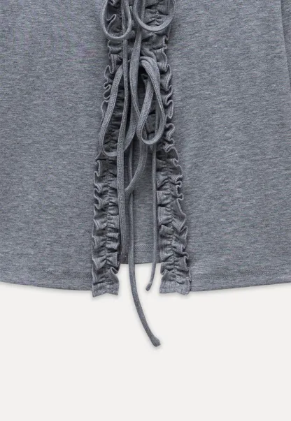 Women's Ruffle Trim Knit Top with Front Tie