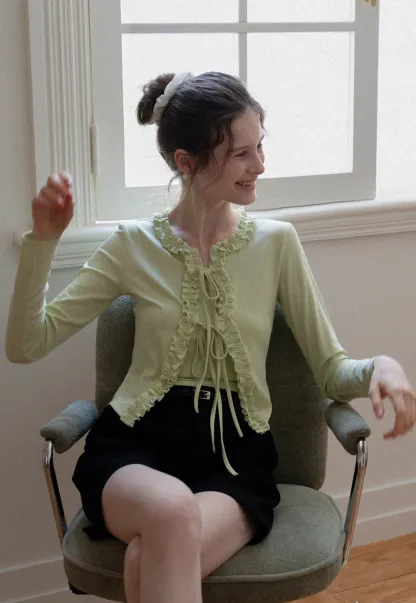 Women's Ruffle Trim Knit Top with Front Tie