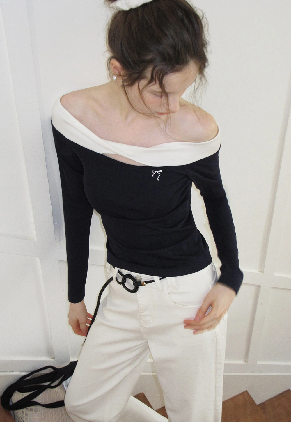 Women's Off Shoulder Contrast Fold-Over Knit Top