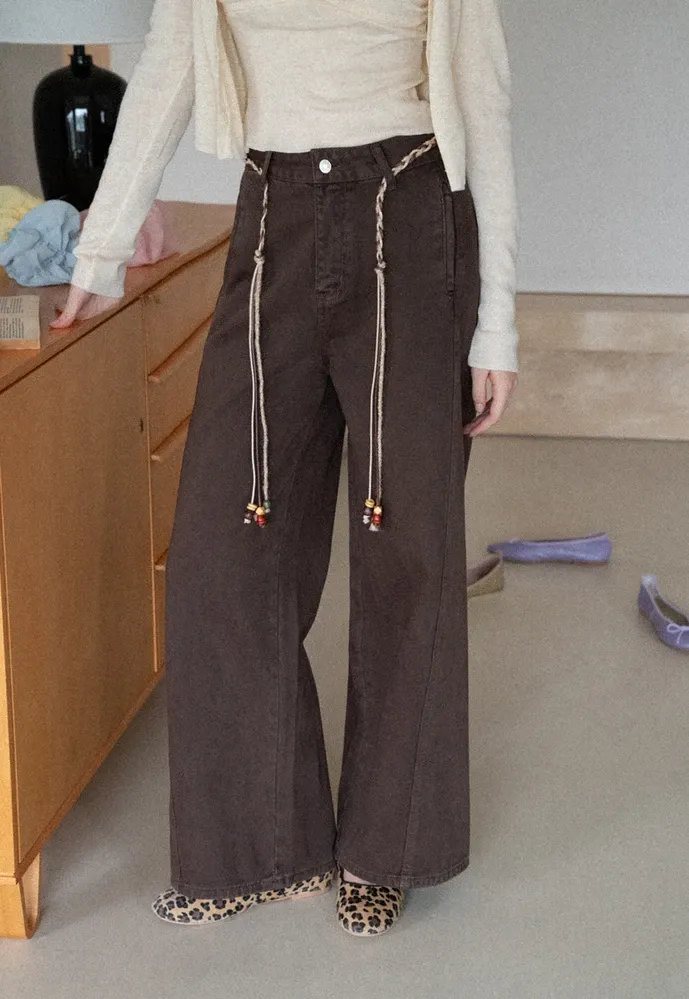 Beaded Scarf-Belt Wide-Leg Jeans