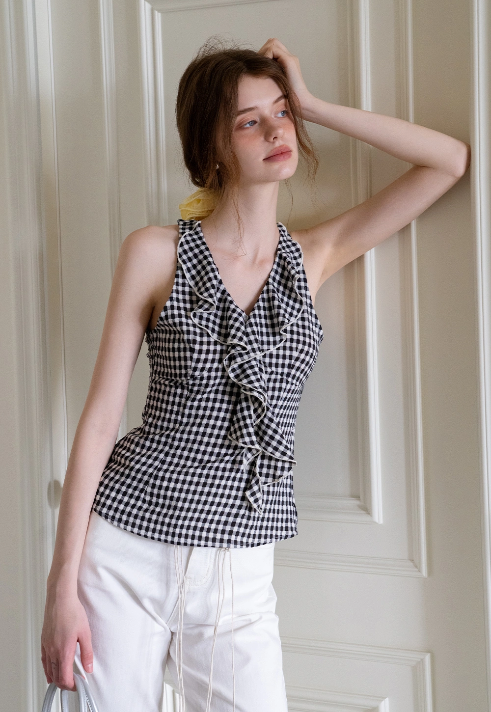 Ruffled Gingham Check Sleeveless Top