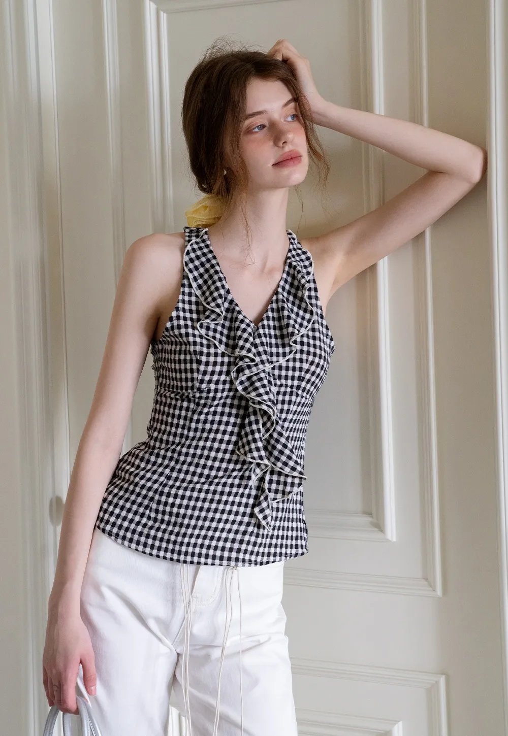 Ruffled Gingham Check Sleeveless Top