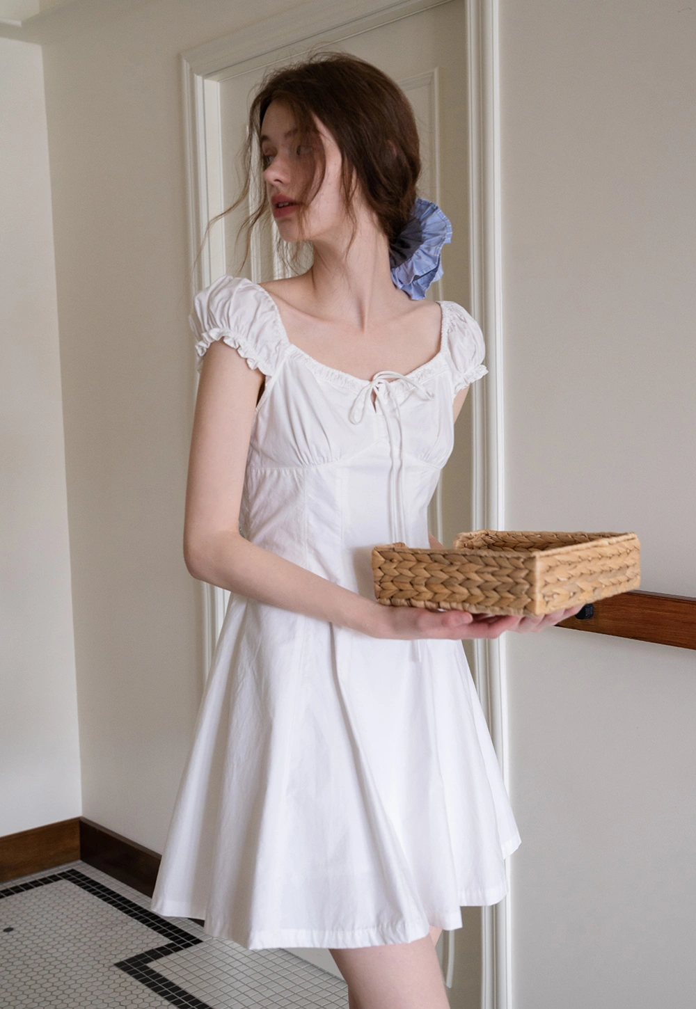 Off-Shoulder Puff Sleeve Dress with Tie