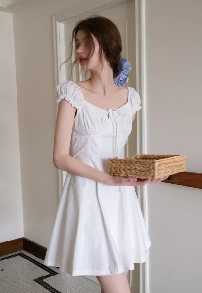 Off-Shoulder Puff Sleeve Dress with Tie