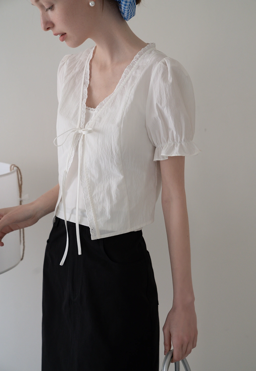 Eyelet Trim Puff Sleeve Tie-Front Blouse