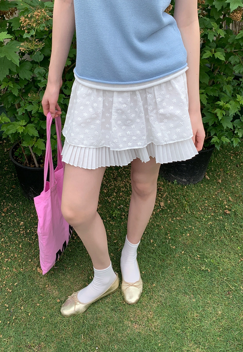 White Pleated Skirt with Floral Details
