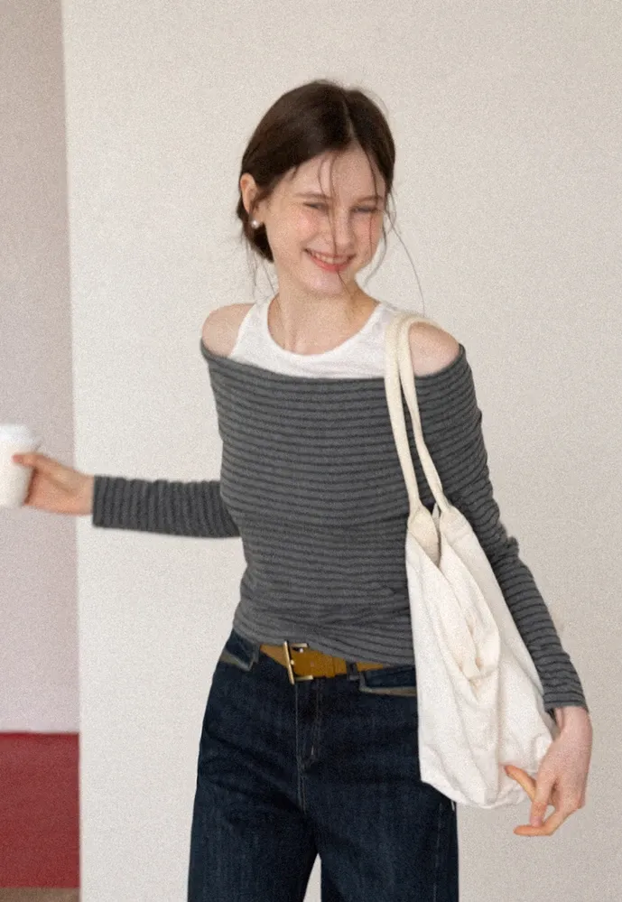 Spliced Faux Two-Piece Off-Shoulder Top