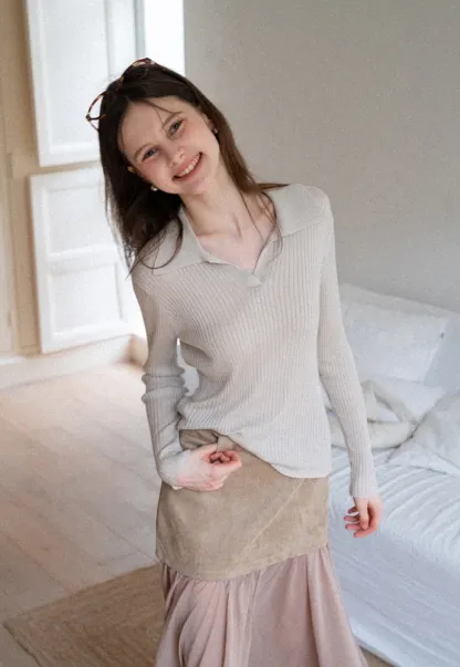 Ribbed Open-Collar Knit Top