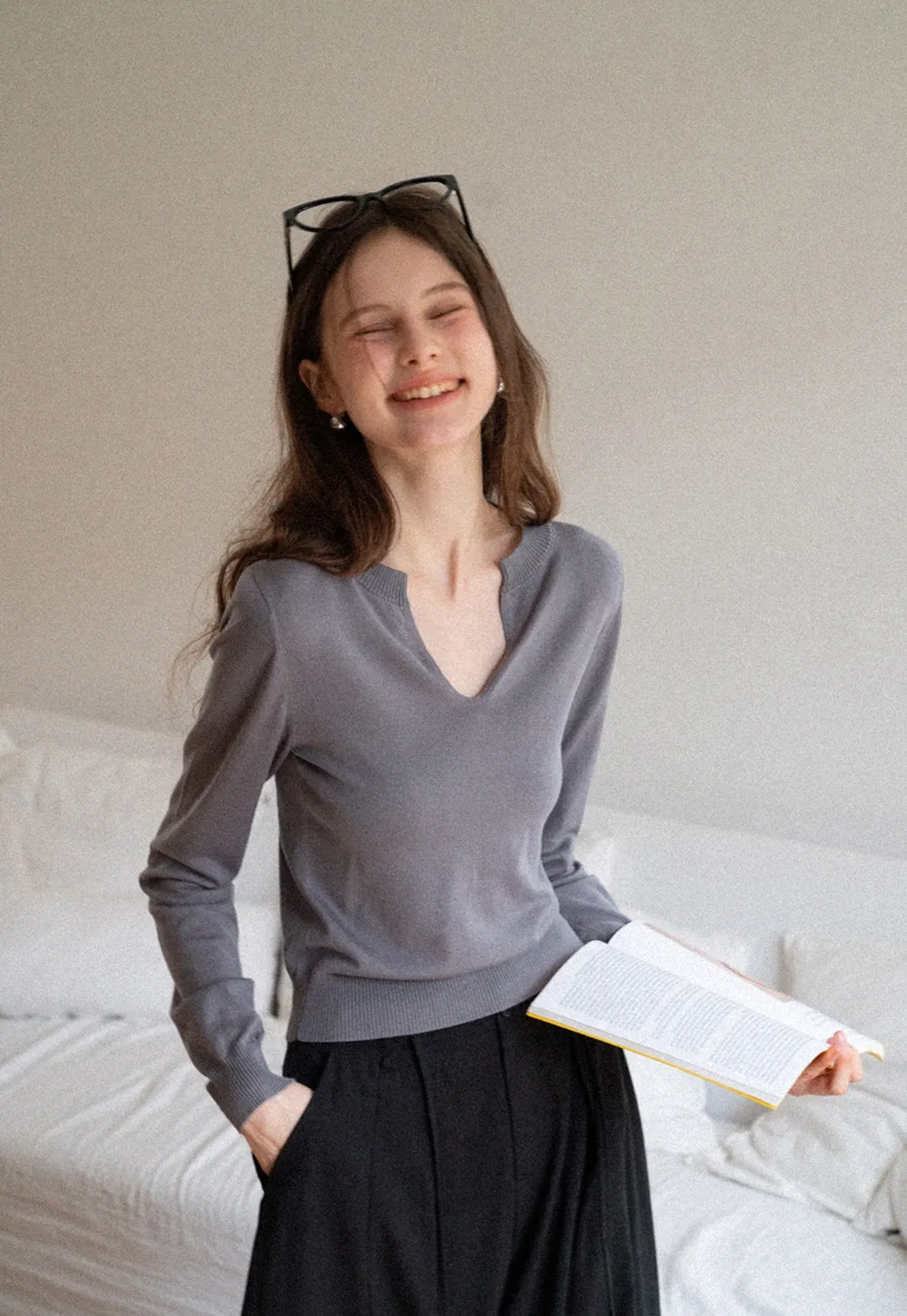 Women's V-Notch Long Sleeve Knit Top