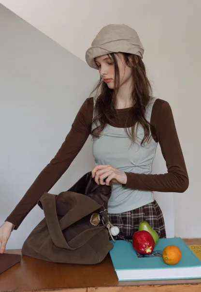 Women's Cami-Overlay Ruched Long Sleeve Top