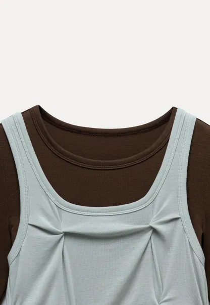 Women's Cami-Overlay Ruched Long Sleeve Top