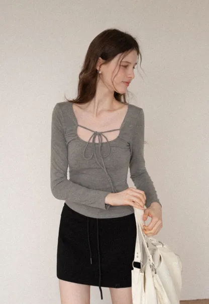 Women's Tie-Front Cutout Long-Sleeve Top