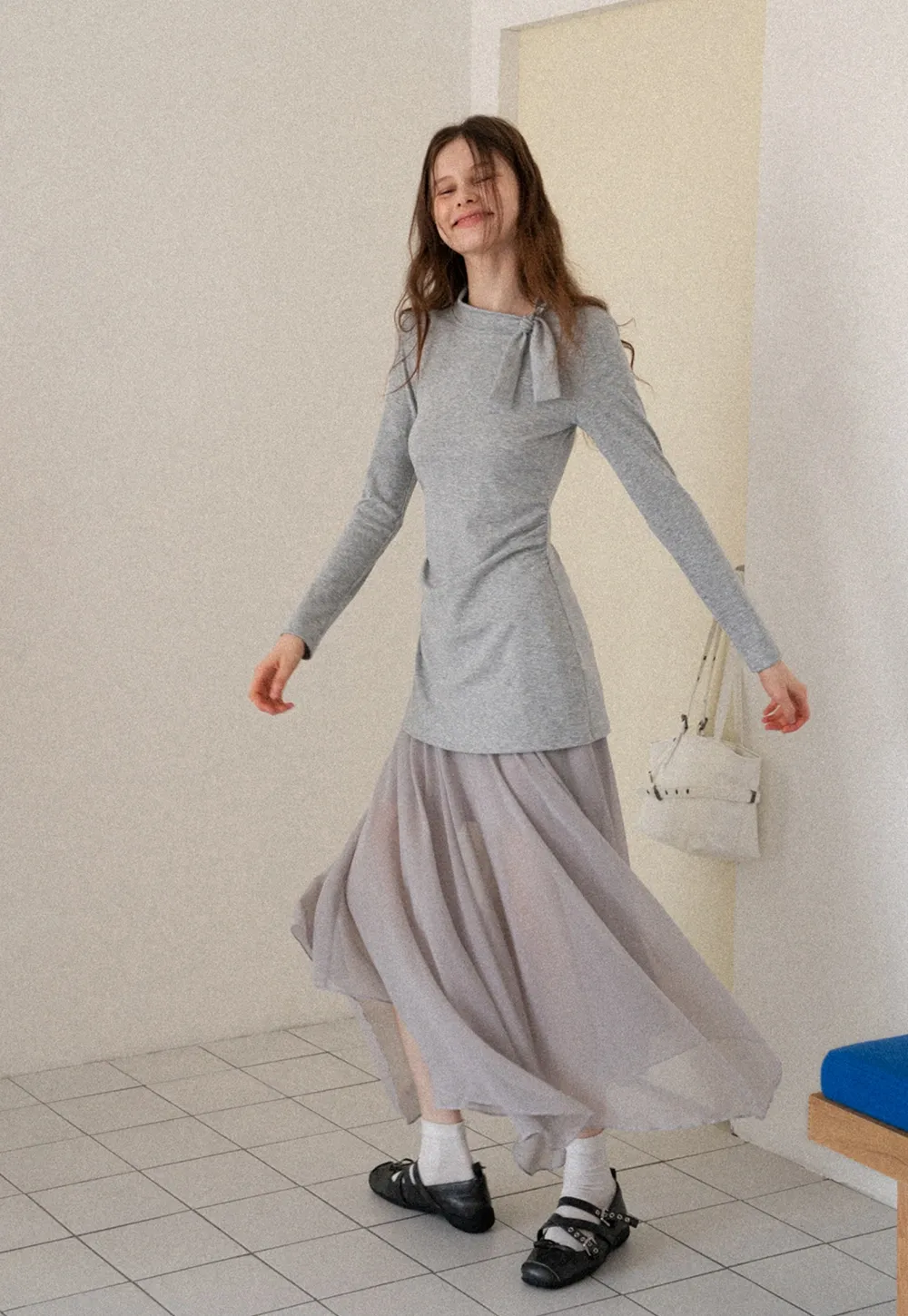 Tie Neck Long Sleeve Top and Asymmetrical Chiffon Skirt Set