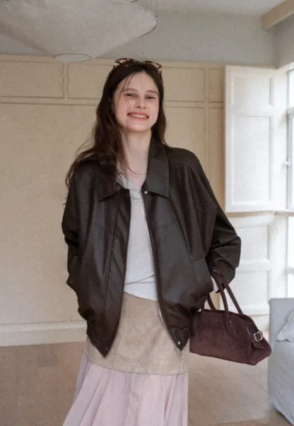 Women's Oversized Faux Leather Bomber Jacket