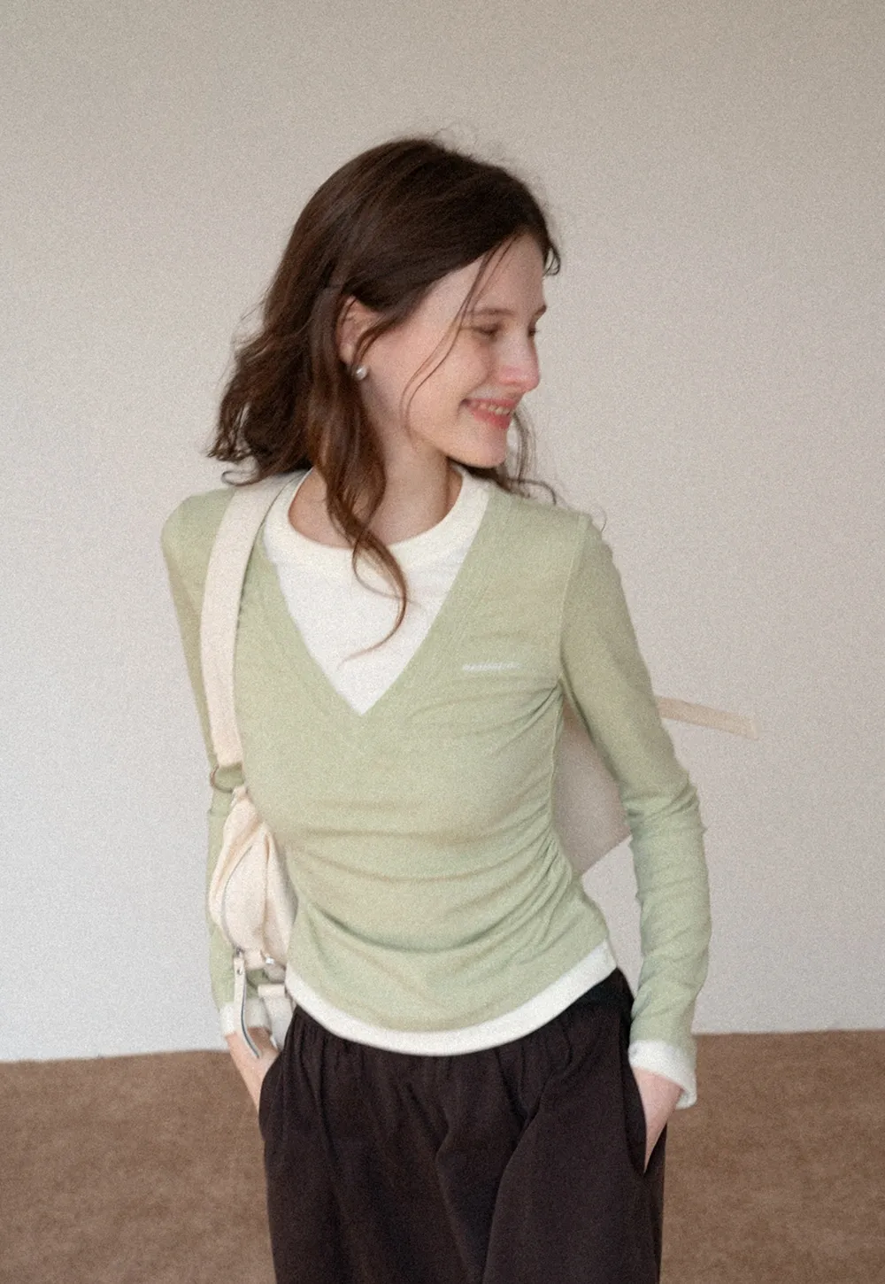 Women's Layered V-Neck Ruched Long Sleeve Top