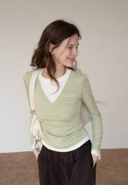 Women's Layered V-Neck Ruched Long Sleeve Top