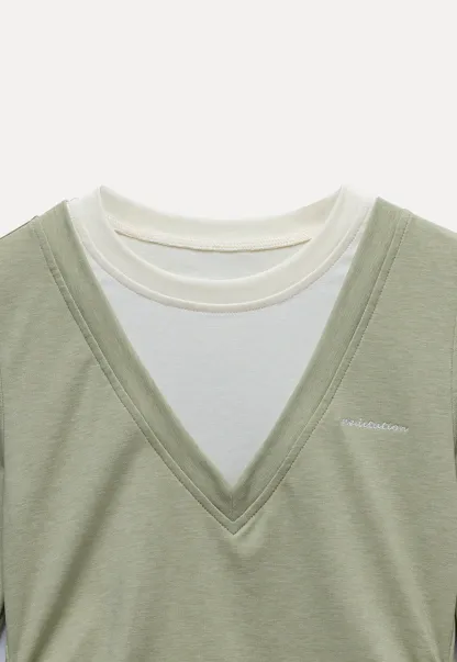 Women's Layered V-Neck Ruched Long Sleeve Top