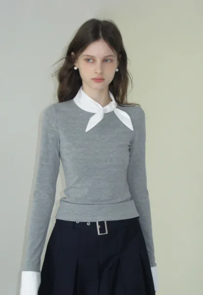 Women's Colorblock Scarf Neck Long Sleeve Top