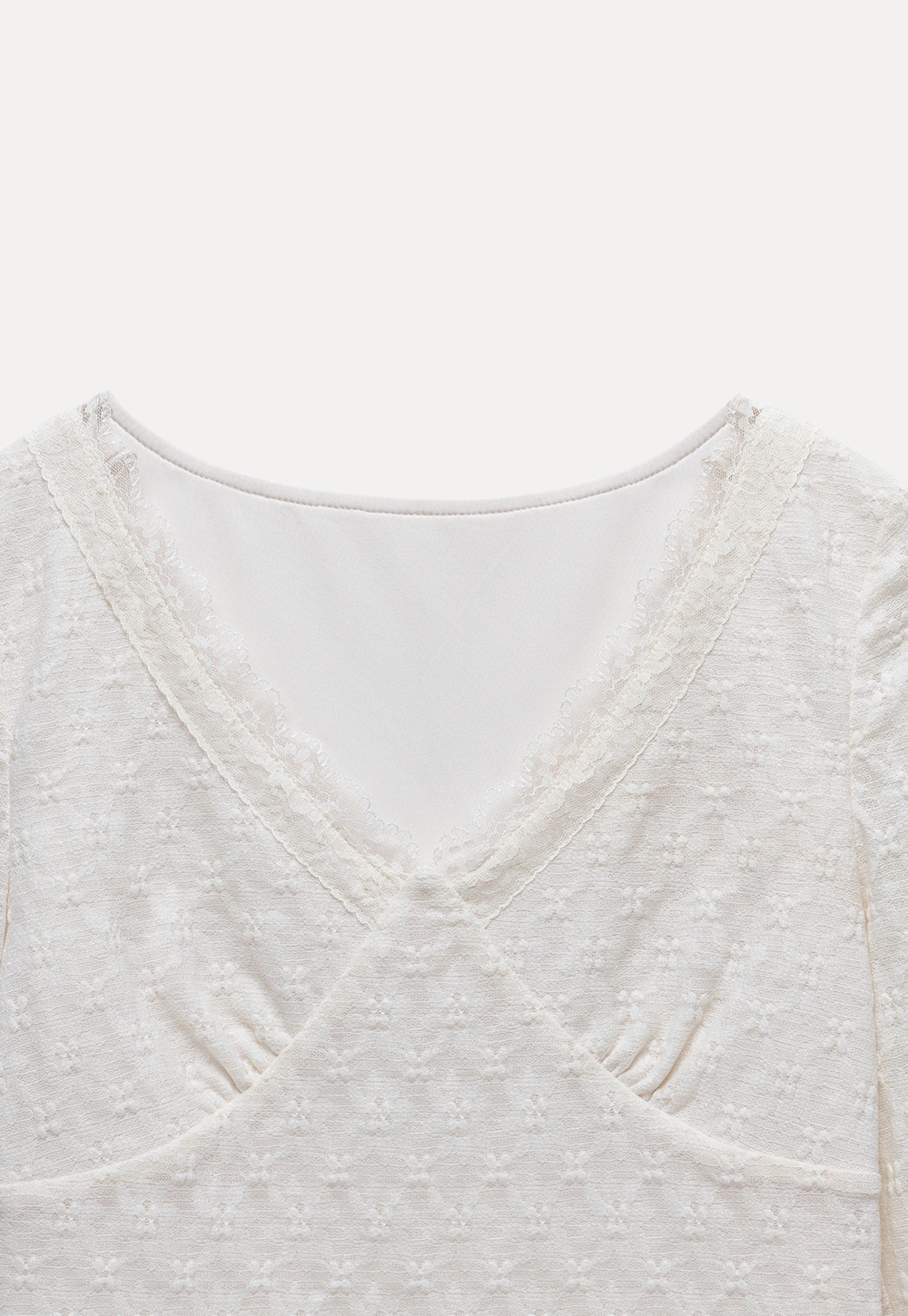 Women's Lace Trim Textured V-Neck Long Sleeve Top