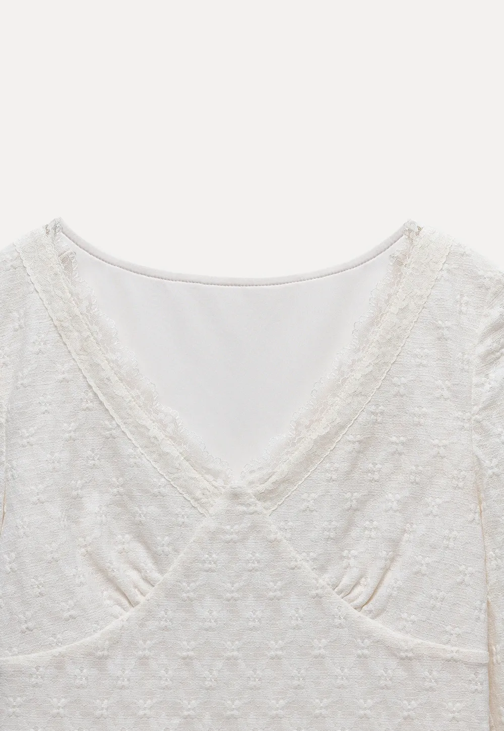 Women's Lace Trim Textured V-Neck Long Sleeve Top