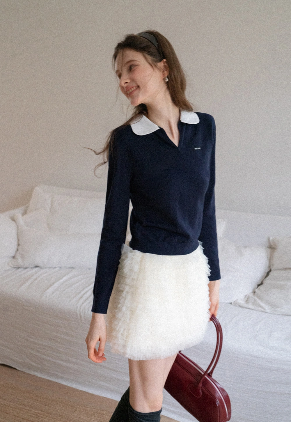 Women'sContrast Collar Long Sleeve Polo Top