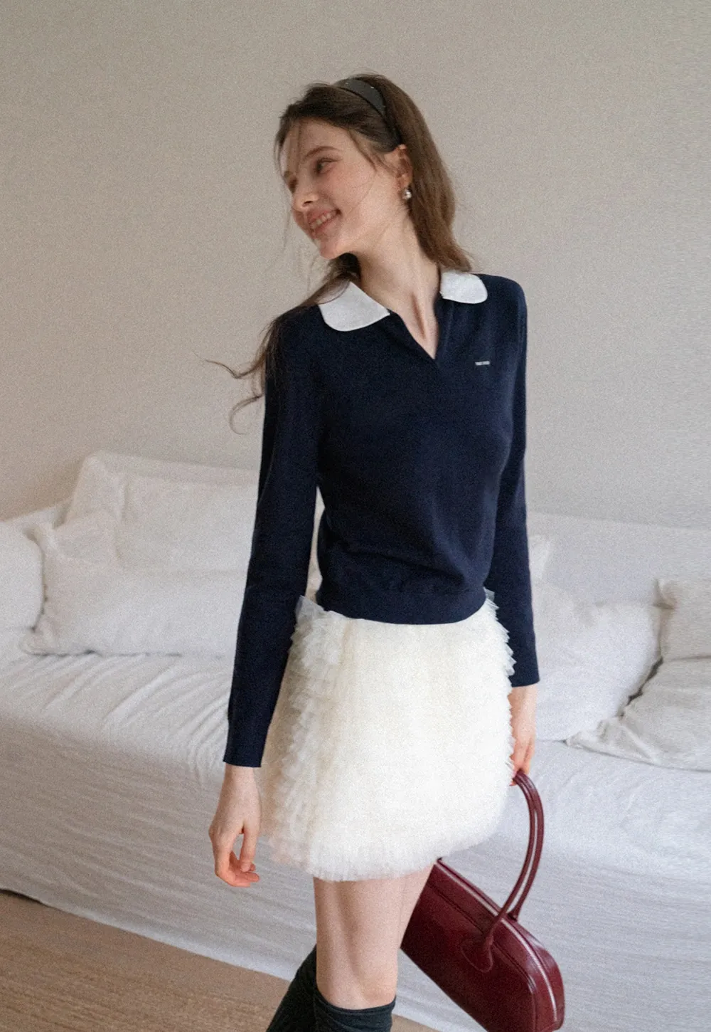 Women'sContrast Collar Long Sleeve Polo Top