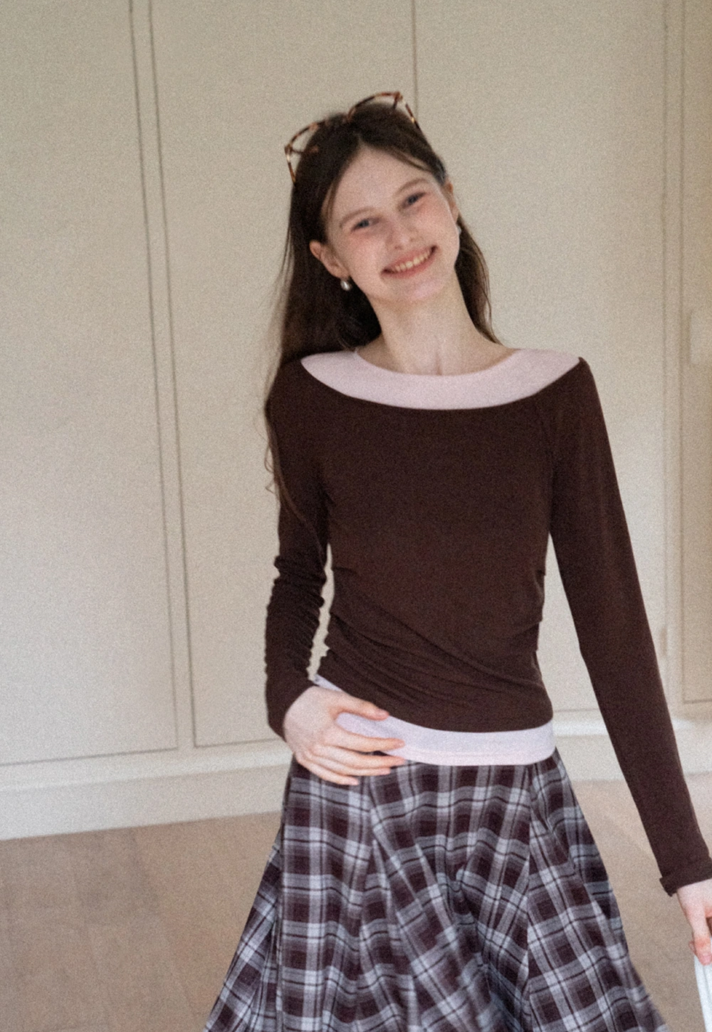 Women's Layered Boat Neck Long Sleeve Top