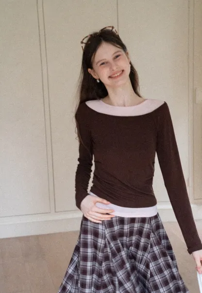 Women's Layered Boat Neck Long Sleeve Top