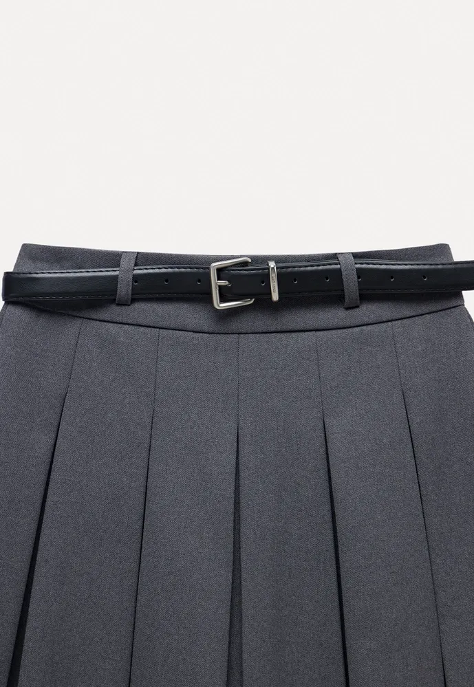 Belted Pleated Mini Skirt