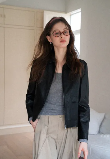 Women Faux Leather Zip-Up Jacket